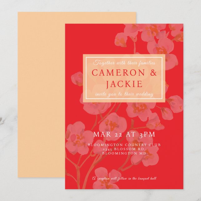 Chinese Cherry Blossom Orange Wedding Invitation (Front/Back)