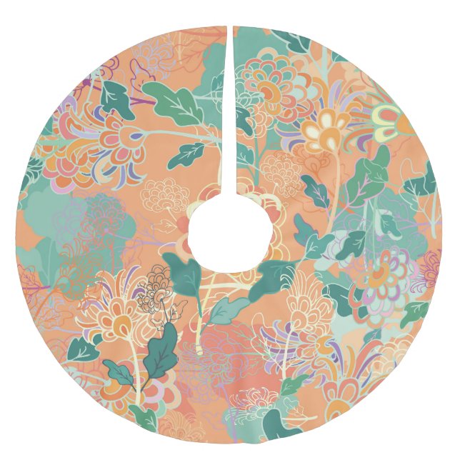 Chinese chrysanthemum: floral orange pattern. brushed polyester tree skirt (Front)