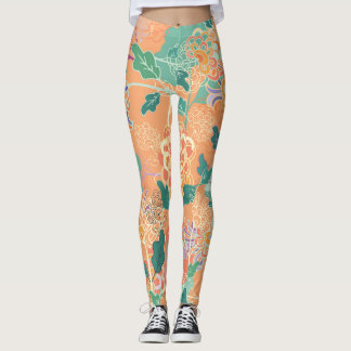 Chinese chrysanthemum: floral orange pattern. leggings