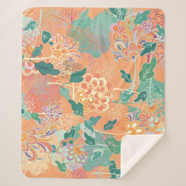 Chinese chrysanthemum: floral orange pattern. sherpa blanket (Front)