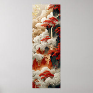 Chinese Clouds Red Gold White Color Poster