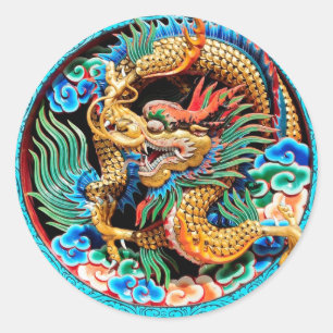 Chinese Colourful Dragon Lotus Flower Art  Classic Classic Round Sticker