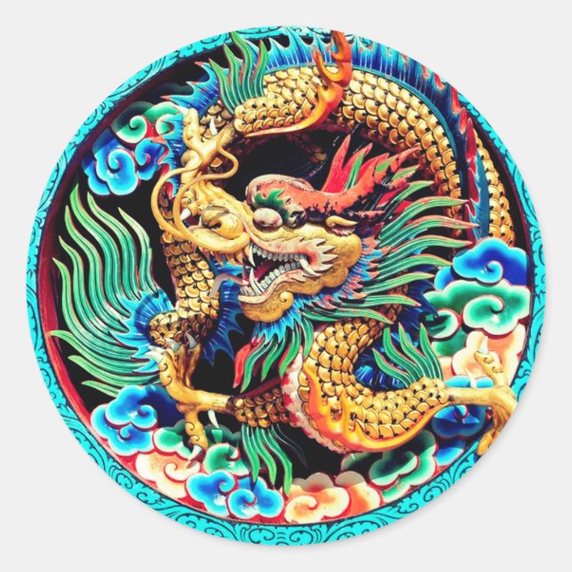 Chinese Colourful Dragon Lotus Flower Art  Classic Round Sticker (Front)