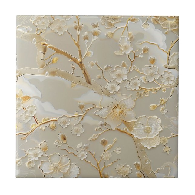 Chinese cream gold floral pattern tile (Front)