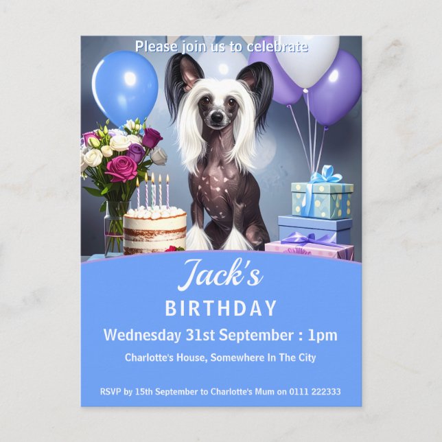 Chinese Crested Birthday Party Invitation Postcard (Front)