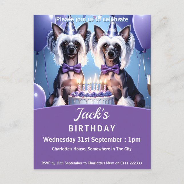 Chinese Crested Birthday Party Invitation Postcard (Front)