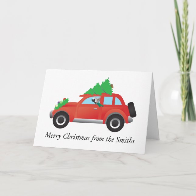 Chinese Crested Dog Driving car w/ Christmas tree Holiday Card (Front)