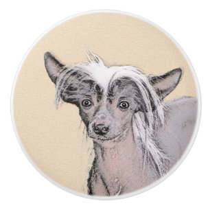 Chinese Crested Hairless Painting Original Dog Art Ceramic Knob