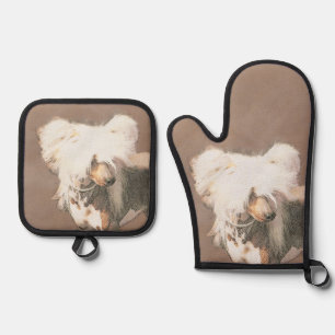 Chinese Crested Hairless Painting Original Dog Art Oven Mitt & Pot Holder Set
