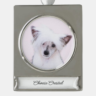 Chinese Crested Powderpuff Painting - Dog Art Silver Plated Banner Ornament