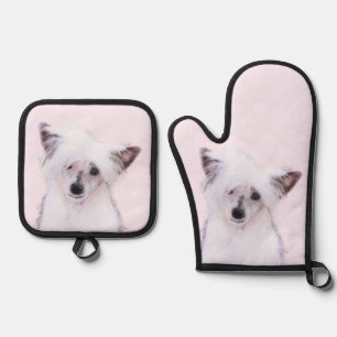 Chinese Crested Powderpuff White Painting Dog Art Oven Mitt & Pot Holder Set