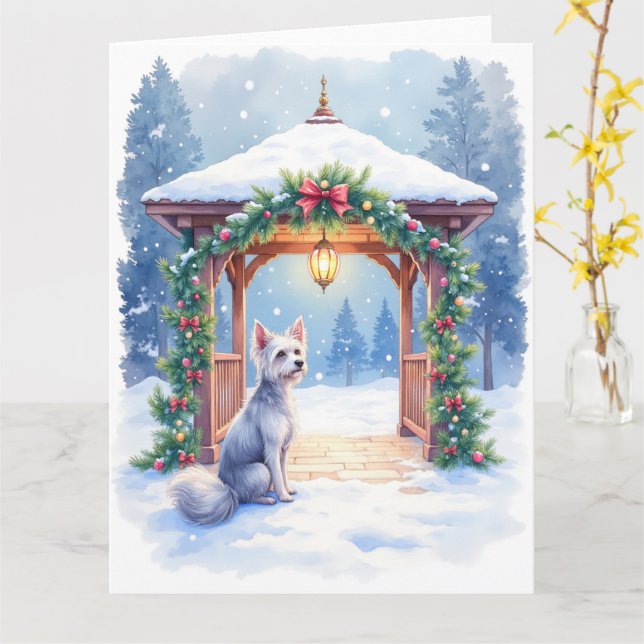 Chinese Crested Snowy Gazebo Christmas Art Card (Yellow Flower)