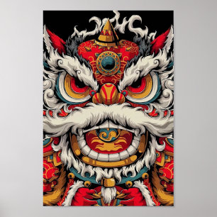 Chinese Dancing Lion Colorful Illustration Poster