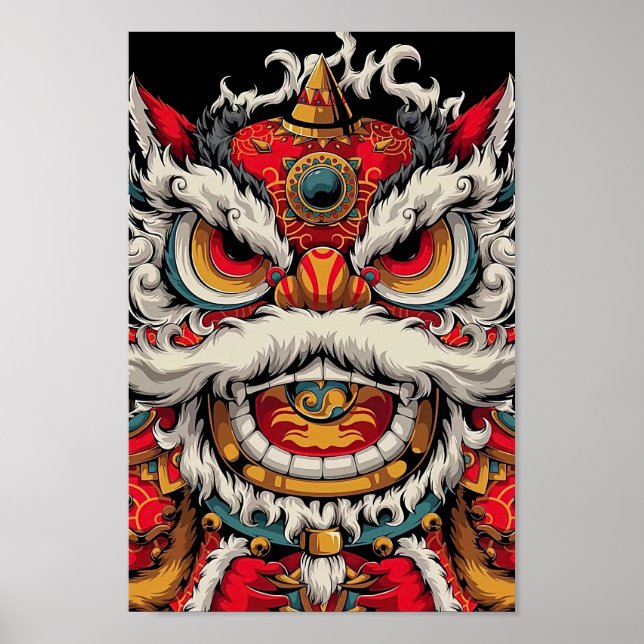 Chinese Dancing Lion Colorful Illustration Poster (Front)