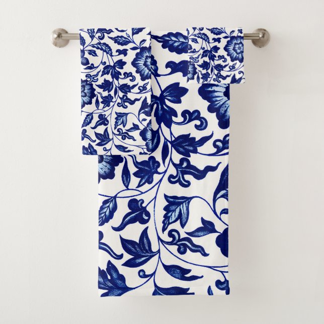 Chinese Dark navy blue floral pattern on white Bath Towel Set (Insitu)