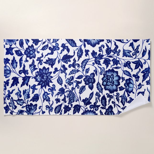 Chinese Dark navy blue floral pattern on white Beach Towel (Front)