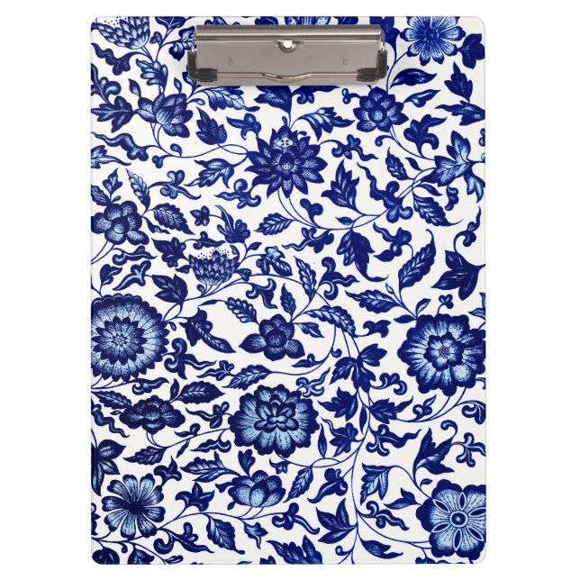 Chinese Dark navy blue floral pattern on white Clipboard (Front)