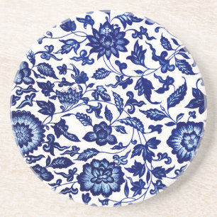 Chinese Dark navy blue floral pattern on white Coaster