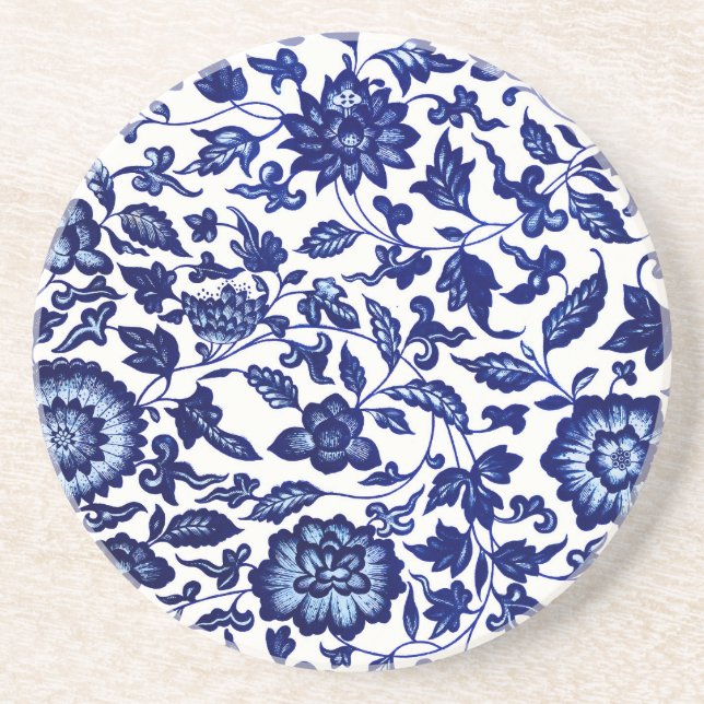 Chinese Dark navy blue floral pattern on white Coaster (Front)