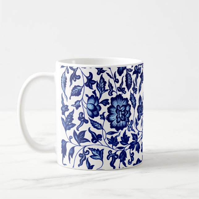 Chinese Dark navy blue floral pattern on white Coffee Mug (Left)