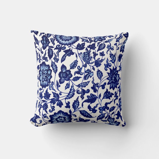 Chinese Dark navy blue floral pattern on white Cushion (Front)