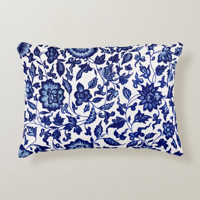 Chinese Dark navy blue floral pattern on white Decorative Cushion (Front)