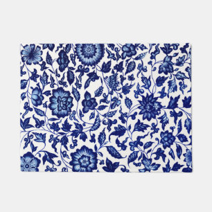 Chinese Dark navy blue floral pattern on white Doormat