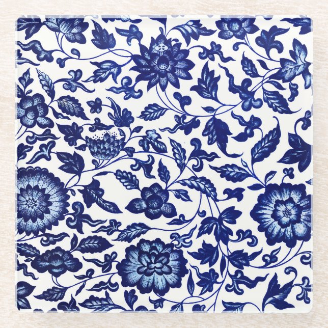 Chinese Dark navy blue floral pattern on white Glass Coaster (Front)