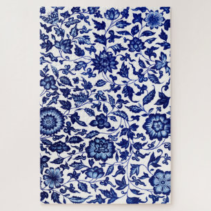 Chinese Dark navy blue floral pattern on white Jigsaw Puzzle