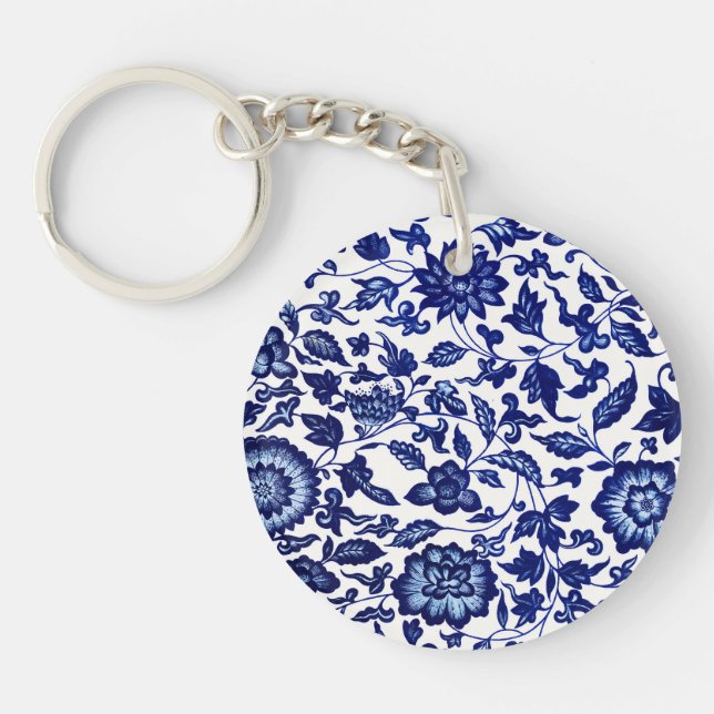Chinese Dark navy blue floral pattern on white Key Ring (Front)