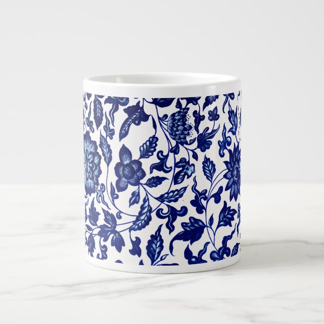 Chinese Dark navy blue floral pattern on white Large Coffee Mug (Front)