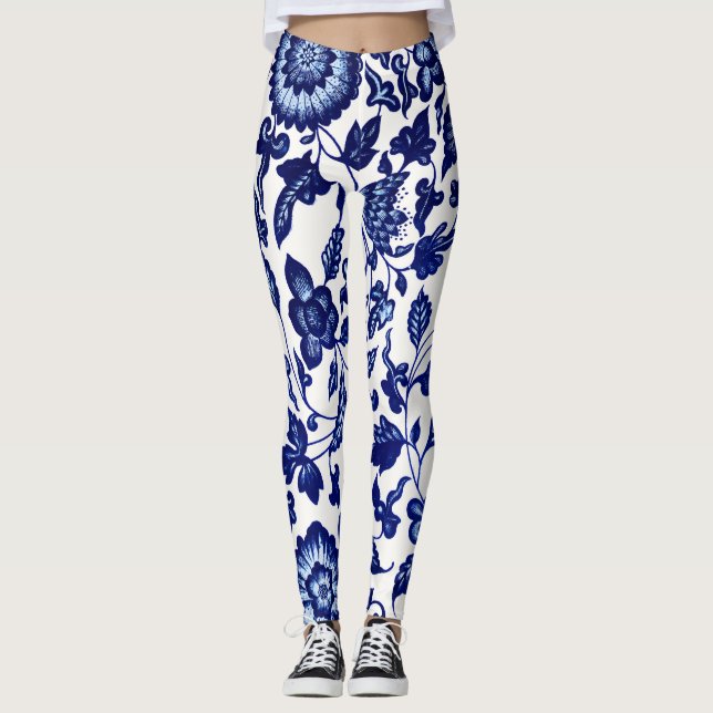 Chinese Dark navy blue floral pattern on white Leggings (Front)