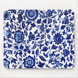Chinese Dark navy blue floral pattern on white Mouse Mat