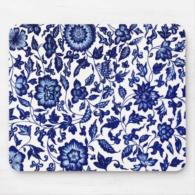 Chinese Dark navy blue floral pattern on white Mouse Mat (Front)