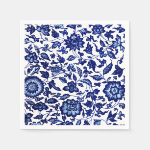 Chinese Dark navy blue floral pattern on white Napkin