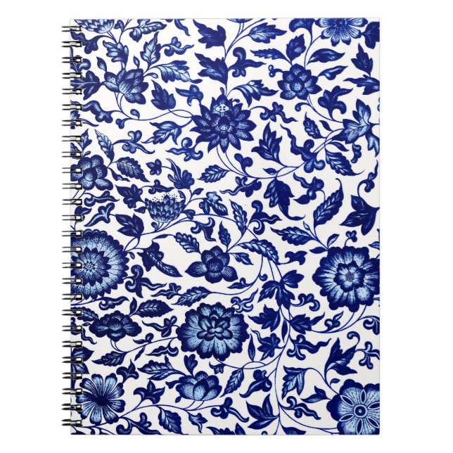 Chinese Dark navy blue floral pattern on white Notebook (Front)