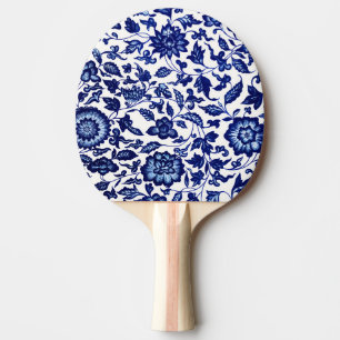 Chinese Dark navy blue floral pattern on white Ping Pong Paddle