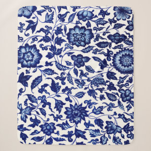Chinese Dark navy blue floral pattern on white Sherpa Blanket