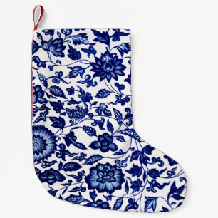 Chinese Dark navy blue floral pattern on white Small Christmas Stocking