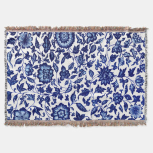 Chinese Dark navy blue floral pattern on white Throw Blanket