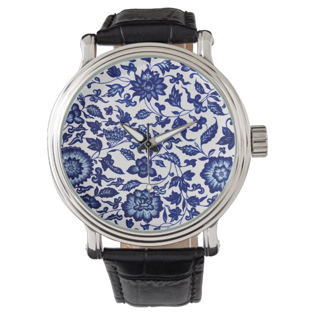 Chinese Dark navy blue floral pattern on white Watch (Front)