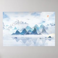 Chinese Distant Mountain River Ink Painting