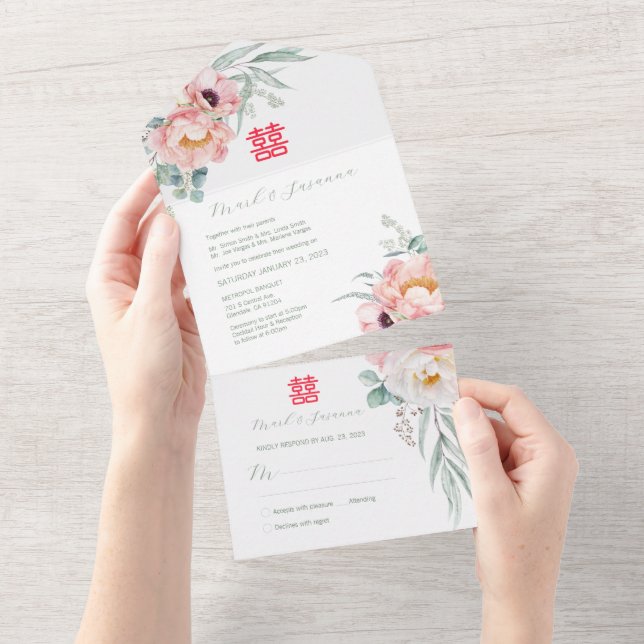 Chinese Double Happiness All in One Wedding Invite (Tearaway)
