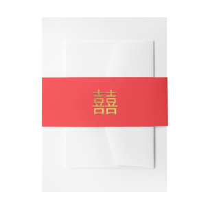 Chinese Double Happiness Wedding Gold Red Invitation Belly Band