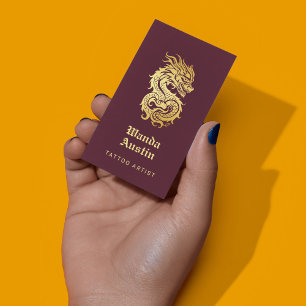 Chinese Dragon Burgundy And Gold Tattoo Artist Business Card