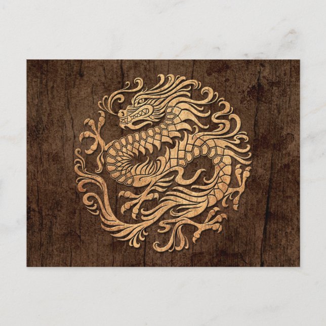 Chinese Dragon Circle with Wood Grain Effect Postcard (Front)
