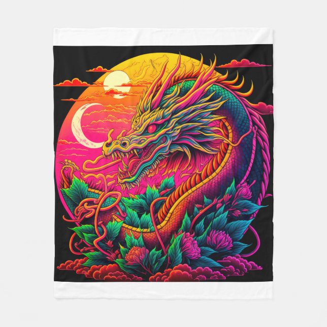 Chinese Dragon Colourful Neon Desin Fleece Blanket (Front)