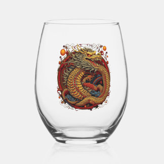 Chinese dragon. Dragon in a circle. Stemless Wine Glass