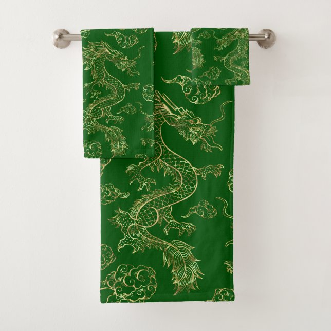 Chinese Dragon Gold and Dark Green Bath Towel Set (Insitu)