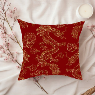 Chinese Dragon Gold and Dark Red Cushion